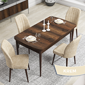 Rio Serisi 80x132 Açılabilir Mdf Barok Ahşap Desen Masa Takımı Ve 4 Krem Sandalye Krem