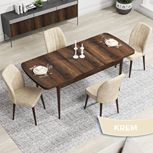 Rio Serisi 80x132 Açılabilir Mdf Barok Ahşap Desen Masa Takımı Ve 4 Krem Sandalye Krem