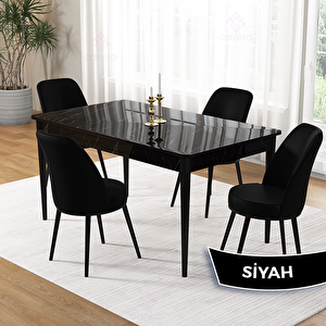 Pir Serisi 80x130 Siyah Mermer Desen Masa Takımı Ve 4 Siyah Sandalye Siyah