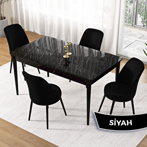 Pir Serisi 80x130 Siyah Mermer Desen Masa Takımı Ve 4 Siyah Sandalye Siyah