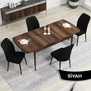 Rio Serisi 80x132 Açılabilir Mdf Barok Ahşap Desen Masa Takımı Ve 4 Siyah Sandalye Siyah
