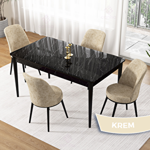 Pir Serisi 80x130 Siyah Mermer Desen Masa Takımı Ve 4 Krem Sandalye Krem