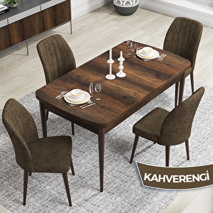Rio Serisi 80x132 Açılabilir Mdf Barok Ahşap Desen Masa Takımı Ve 4 Kahverengi Sandalye Kahverengi