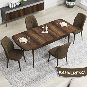Rio Serisi 80x132 Açılabilir Mdf Barok Ahşap Desen Masa Takımı Ve 4 Kahverengi Sandalye Kahverengi
