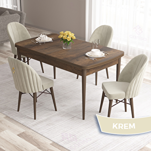 Roz Serisi 80x132 Açılabilir Barok Ahşap Desen Masa Takımı Ve 4 Krem Sandalye Krem