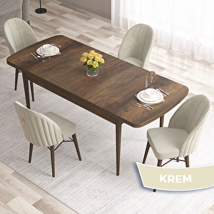 Roz Serisi 80x132 Açılabilir Barok Ahşap Desen Masa Takımı Ve 4 Krem Sandalye Krem