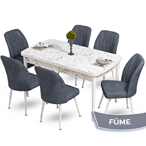 Mun Serisi 80x132 Açılabilir Mdf Beyaz Mermer Desen Masa Takımı Ve 6 Füme Sandalye Füme