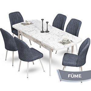 Mun Serisi 80x132 Açılabilir Mdf Beyaz Mermer Desen Masa Takımı Ve 6 Füme Sandalye Füme
