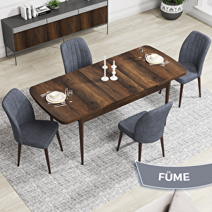 Rio Serisi 80x132 Açılabilir Mdf Barok Ahşap Desen Masa Takımı Ve 4 Füme Sandalye Füme