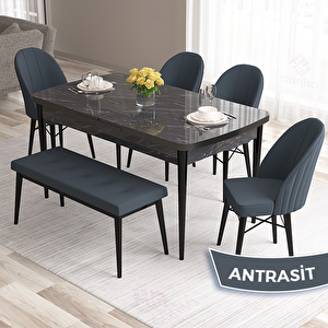 Roz Serisi 80x132 Açılabilir Siyah Mermer Desen Masa Takımı 4 Antrasit Sandalye Ve 1 Bench Antrasit