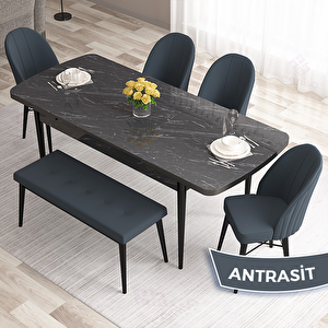 Roz Serisi 80x132 Açılabilir Siyah Mermer Desen Masa Takımı 4 Antrasit Sandalye Ve 1 Bench Antrasit