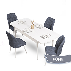 Mun Serisi 80x132 Açılabilir Mdf Beyaz Masa Takımı Ve 4 Füme Sandalye Füme