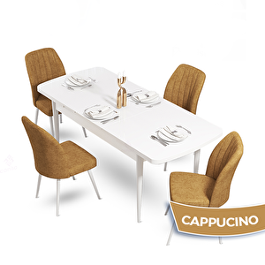 Mun Serisi 80x132 Açılabilir Mdf Beyaz Masa Takımı Ve 4 Cappucino Sandalye Cappucino