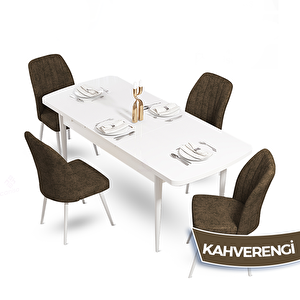 Mun Serisi 80x132 Açılabilir Mdf Beyaz Masa Takımı Ve 4 Kahverengi Sandalye Kahverengi