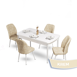 Mun Serisi 80x132 Açılabilir Mdf Beyaz Masa Takımı Ve 4 Krem Sandalye Krem