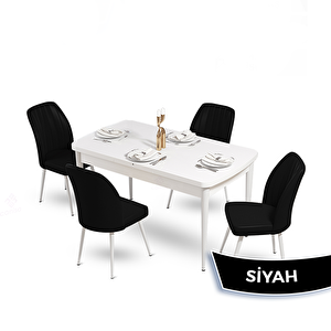 Mun Serisi 80x132 Açılabilir Mdf Beyaz Masa Takımı Ve 4 Siyah Sandalye Siyah