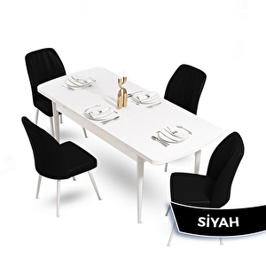 Mun Serisi 80x132 Açılabilir Mdf Beyaz Masa Takımı Ve 4 Siyah Sandalye Siyah