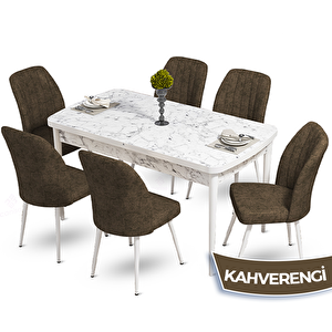 Mun Serisi 80x132 Açılabilir Mdf Beyaz Mermer Desen Masa Takımı Ve 6 Kahverengi Sandalye Kahverengi