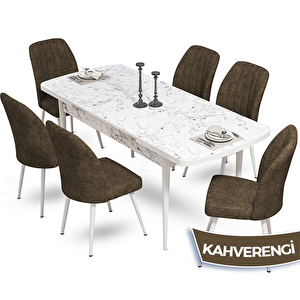Mun Serisi 80x132 Açılabilir Mdf Beyaz Mermer Desen Masa Takımı Ve 6 Kahverengi Sandalye Kahverengi