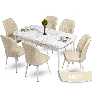Mun Serisi 80x132 Açılabilir Mdf Beyaz Mermer Desen Masa Takımı Ve 6 Krem Sandalye Krem