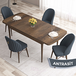 Roz Serisi 80x132 Açılabilir Barok Ahşap Desen Masa Takımı Ve 4 Antrasit Sandalye Antrasit