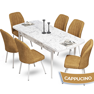 Mun Serisi 80x132 Açılabilir Mdf Beyaz Mermer Desen Masa Takımı Ve 6 Cappucino Sandalye Cappucino