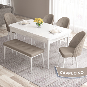 Roz Serisi 80x132 Açılabilir Beyaz Masa Takımı 4 Cappucino Sandalye Ve 1 Bench Cappucino