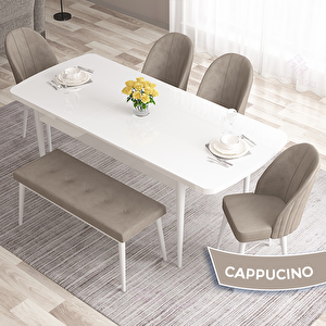 Roz Serisi 80x132 Açılabilir Beyaz Masa Takımı 4 Cappucino Sandalye Ve 1 Bench Cappucino