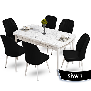 Mun Serisi 80x132 Açılabilir Mdf Beyaz Mermer Desen Masa Takımı Ve 6 Siyah Sandalye Siyah