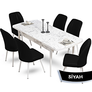 Mun Serisi 80x132 Açılabilir Mdf Beyaz Mermer Desen Masa Takımı Ve 6 Siyah Sandalye Siyah