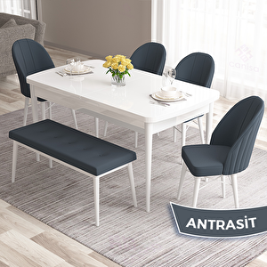 Roz Serisi 80x132 Açılabilir Beyaz Masa Takımı 4 Antrasit Sandalye Ve 1 Bench Antrasit