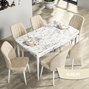 Rio Serisi 80x132 Açılabilir Mdf Beyaz Mermer Desen Masa Takımı Ve 6 Krem Sandalye Krem