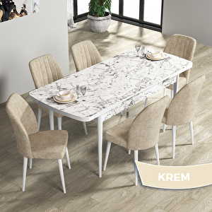 Rio Serisi 80x132 Açılabilir Mdf Beyaz Mermer Desen Masa Takımı Ve 6 Krem Sandalye Krem