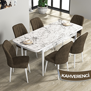 Rio Serisi 80x132 Açılabilir Mdf Beyaz Mermer Desen Masa Takımı Ve 6 Kahverengi Sandalye Kahverengi