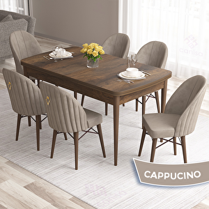 Roz Serisi 80x132 Açılabilir Barok Ahşap Desen Masa Takımı Ve 6 Cappucino Sandalye Cappucino