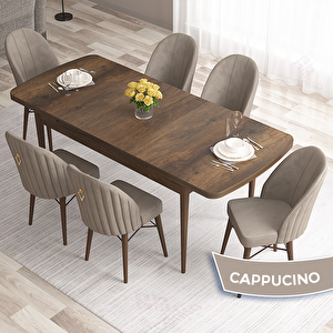 Roz Serisi 80x132 Açılabilir Barok Ahşap Desen Masa Takımı Ve 6 Cappucino Sandalye Cappucino
