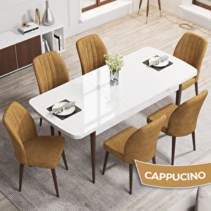 Rio Serisi 80x132 Açılabilir Mdf Beyaz Masa Ceviz Ayak Masa Takımı Ve 6 Cappucino Sandalye Cappucino