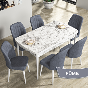 Rio Serisi 80x132 Açılabilir Mdf Beyaz Mermer Desen Masa Takımı Ve 6 Füme Sandalye Füme