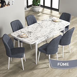 Rio Serisi 80x132 Açılabilir Mdf Beyaz Mermer Desen Masa Takımı Ve 6 Füme Sandalye Füme