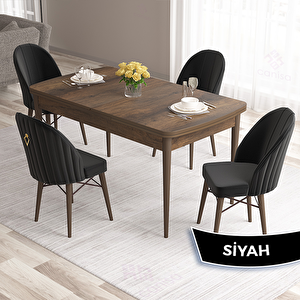 Roz Serisi 80x132 Açılabilir Barok Ahşap Desen Masa Takımı Ve 4 Siyah Sandalye Siyah