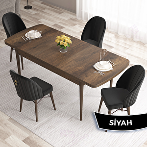 Roz Serisi 80x132 Açılabilir Barok Ahşap Desen Masa Takımı Ve 4 Siyah Sandalye Siyah