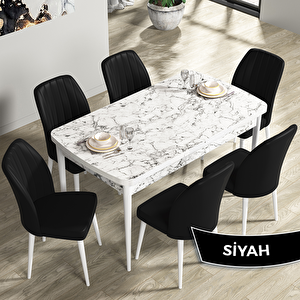 Rio Serisi 80x132 Açılabilir Mdf Beyaz Mermer Desen Masa Takımı Ve 6 Siyah Sandalye Siyah