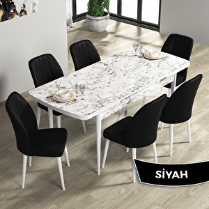 Rio Serisi 80x132 Açılabilir Mdf Beyaz Mermer Desen Masa Takımı Ve 6 Siyah Sandalye Siyah