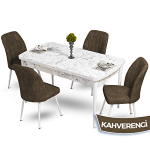 Mun Serisi 80x132 Açılabilir Mdf Beyaz Mermer Desen Masa Takımı Ve 4 Kahverengi Sandalye Kahverengi
