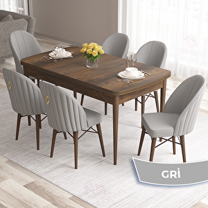 Roz Serisi 80x132 Açılabilir Barok Ahşap Desen Masa Takımı Ve 6 Gri Sandalye Gri