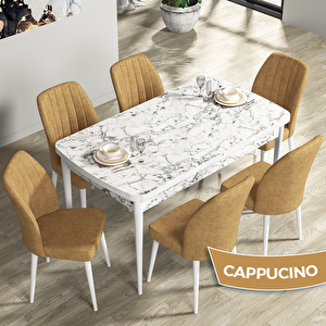 Rio Serisi 80x132 Açılabilir Mdf Beyaz Mermer Desen Masa Takımı Ve 6 Cappucino Sandalye Cappucino