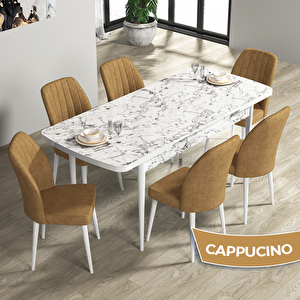 Rio Serisi 80x132 Açılabilir Mdf Beyaz Mermer Desen Masa Takımı Ve 6 Cappucino Sandalye Cappucino