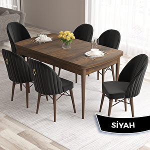 Roz Serisi 80x132 Açılabilir Barok Ahşap Desen Masa Takımı Ve 6 Siyah Sandalye Siyah