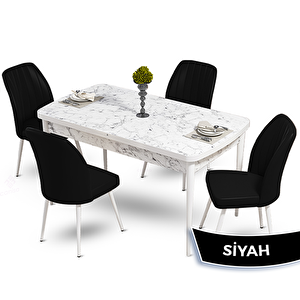 Mun Serisi 80x132 Açılabilir Mdf Beyaz Mermer Desen Masa Takımı Ve 4 Siyah Sandalye Siyah