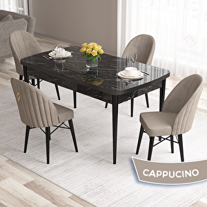 Roz Serisi 80x132 Açılabilir Siyah Mermer Desen Masa Takımı Ve 4 Cappucino Sandalye Cappucino